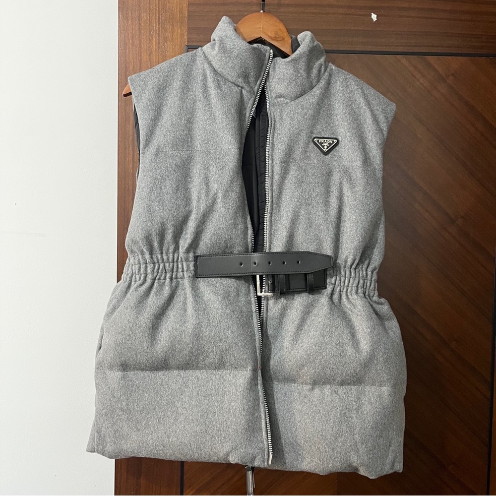 Prada Gray Quilted Belted Puffer Vest